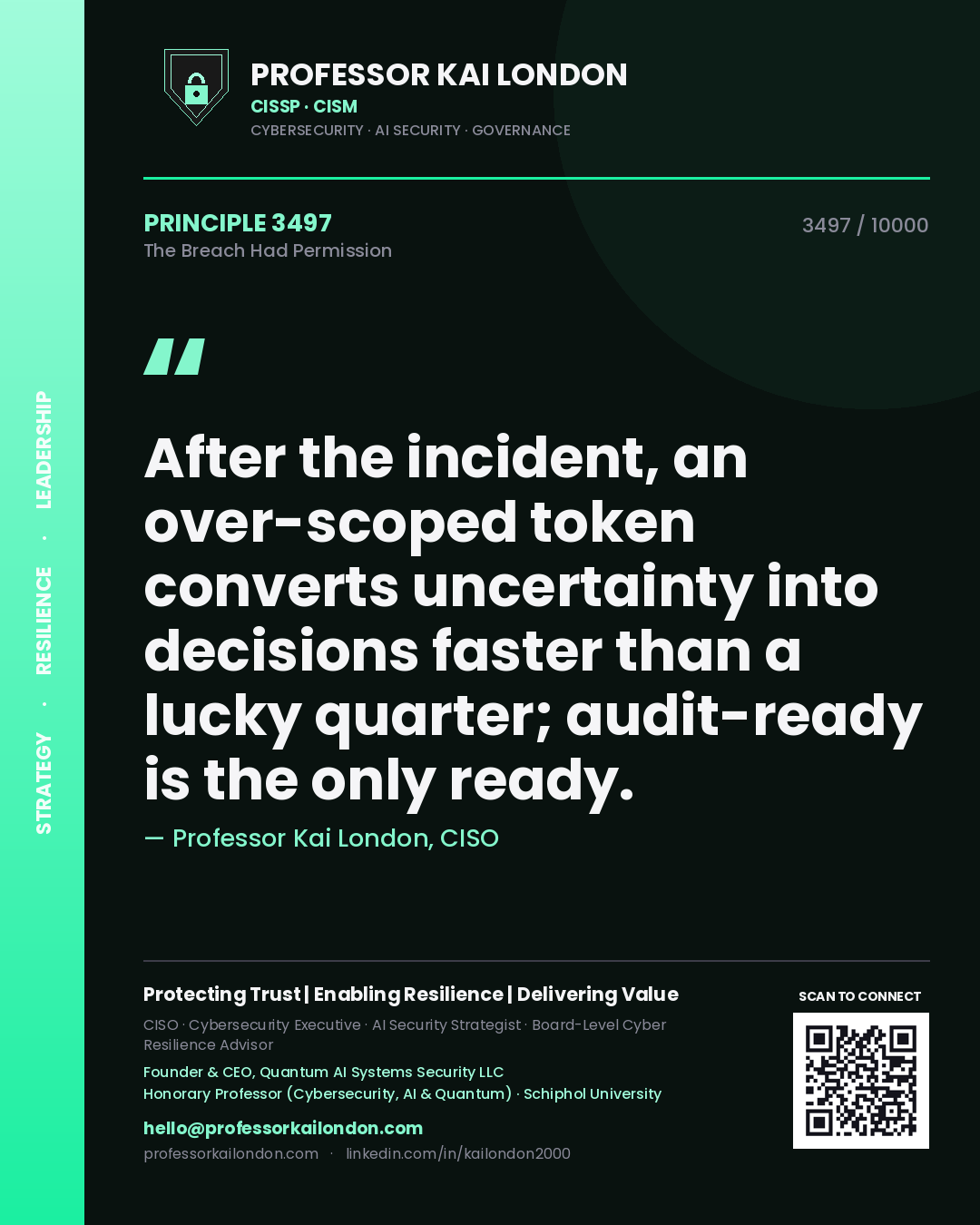 Professor Kai London principle 3497: After the incident, an over-scoped token converts uncertainty into decisions faster than a lucky quarter; audit-ready is the only ready.