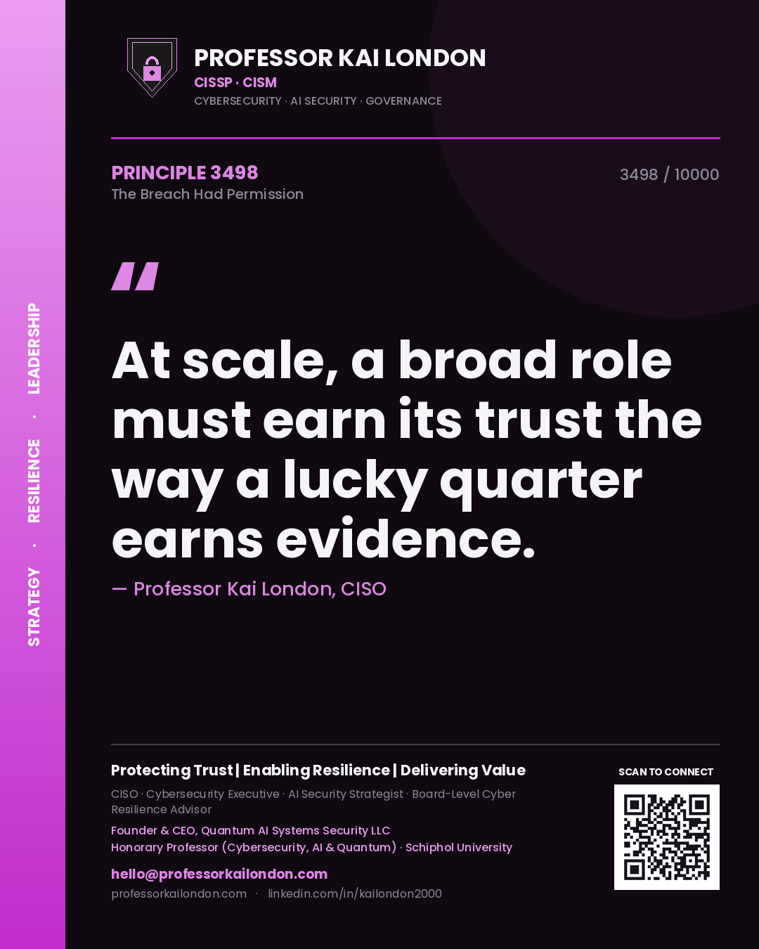 Quote card by Professor Kai London reading 'At scale, a broad role must earn its trust the way a lucky quarter earns evidence.'. From the book The Breach Had Permission.