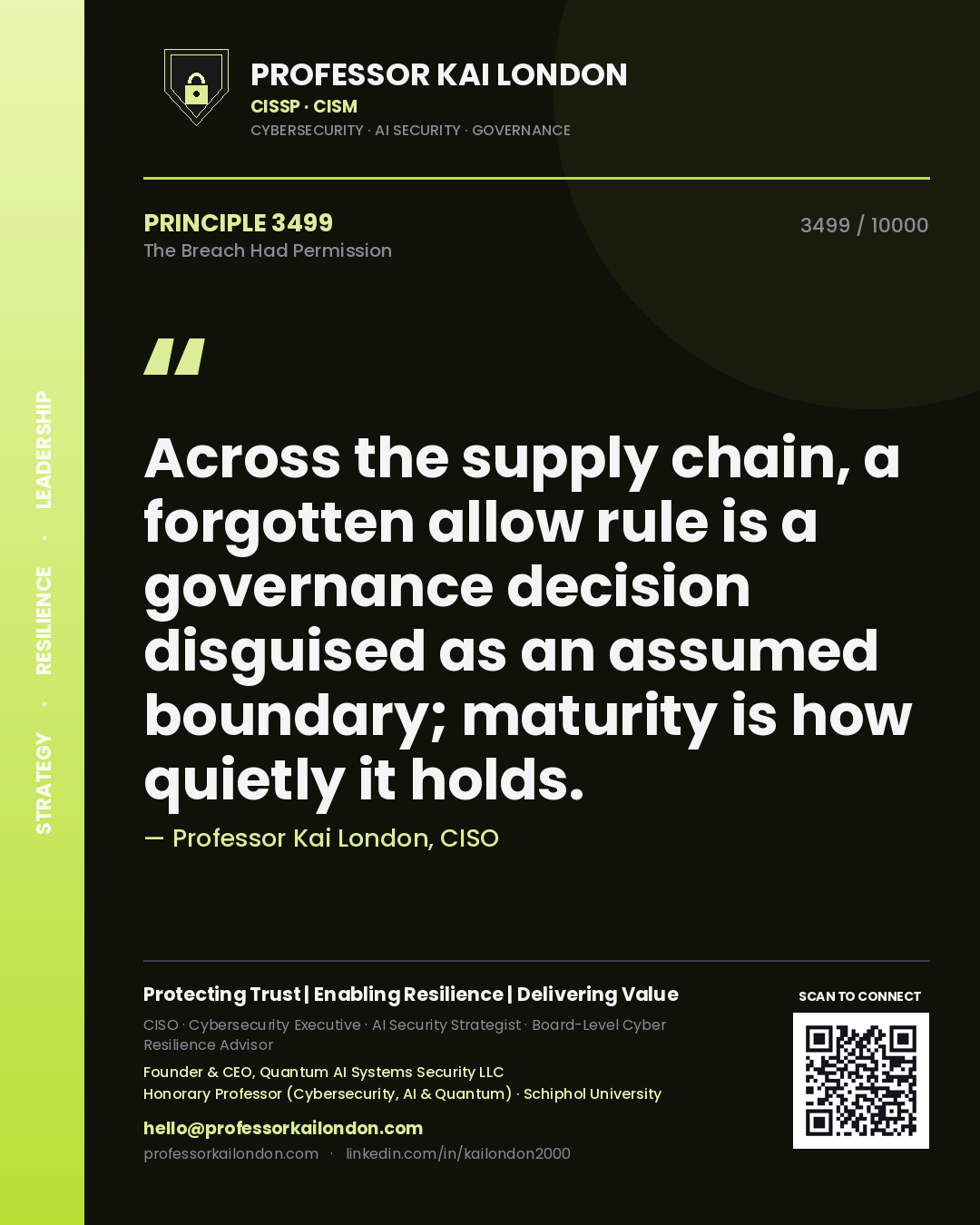 Professor Kai London principle 3499: Across the supply chain, a forgotten allow rule is a governance decision disguised as an assumed boundary; maturity is how quietly it holds.