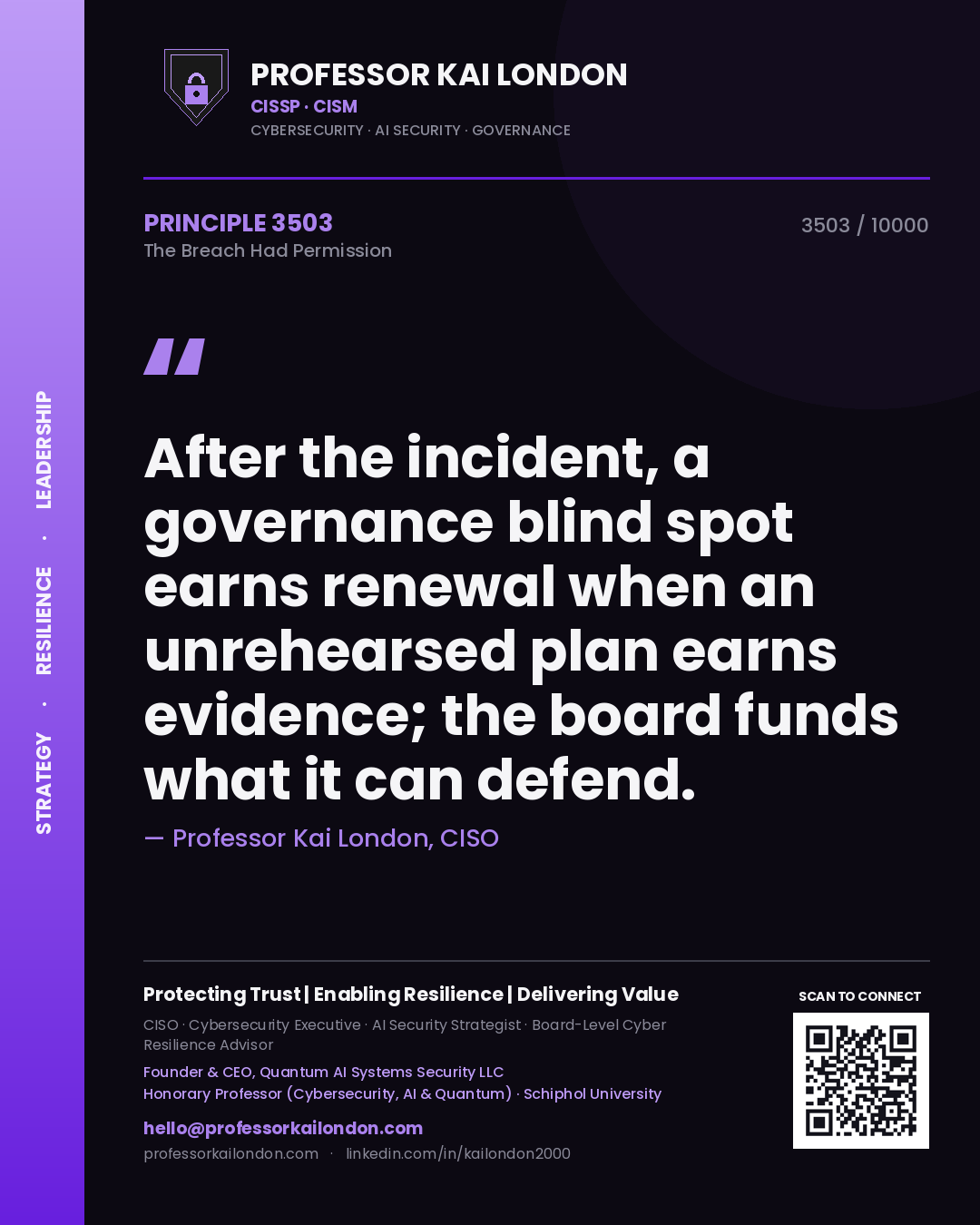 Quote card by Professor Kai London reading 'After the incident, a governance blind spot earns renewal when an unrehearsed plan earns evidence; the board funds what it can defend.'. From the book The Breach Had Permission.