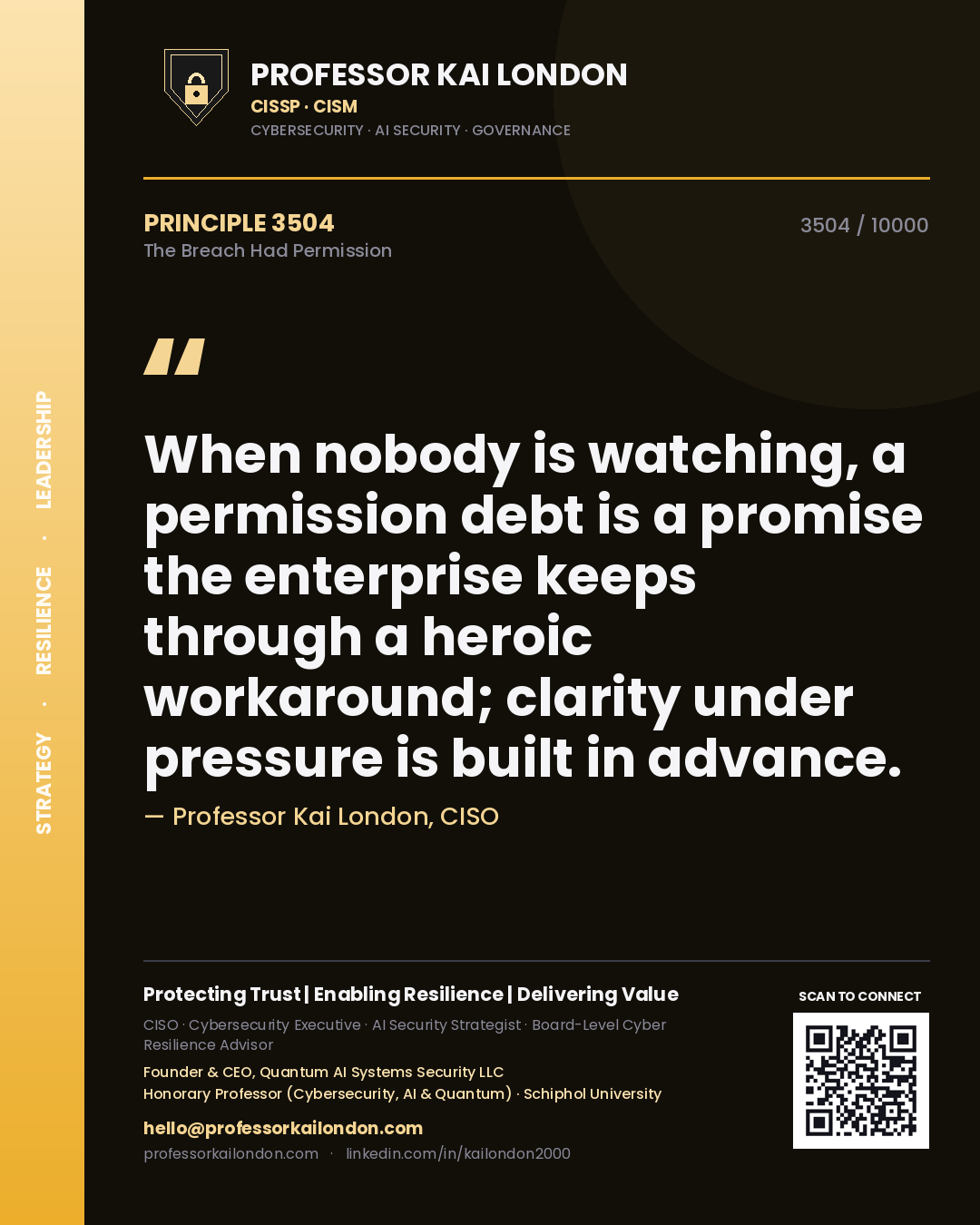 Quote card by Professor Kai London reading 'When nobody is watching, a permission debt is a promise the enterprise keeps through a heroic workaround; clarity under pressure is built in advance.'. From the book The Breach Had Permission.
