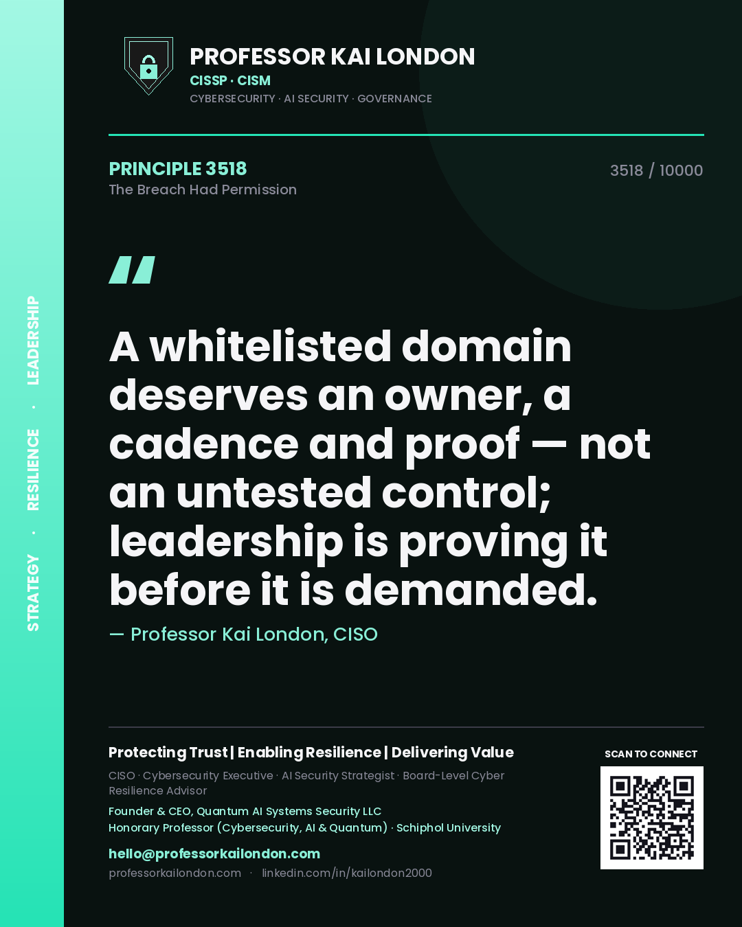 Quote card by Professor Kai London reading 'A whitelisted domain deserves an owner, a cadence and proof — not an untested control; leadership is proving it before it is demanded.'. From the book The Breach Had Permission.