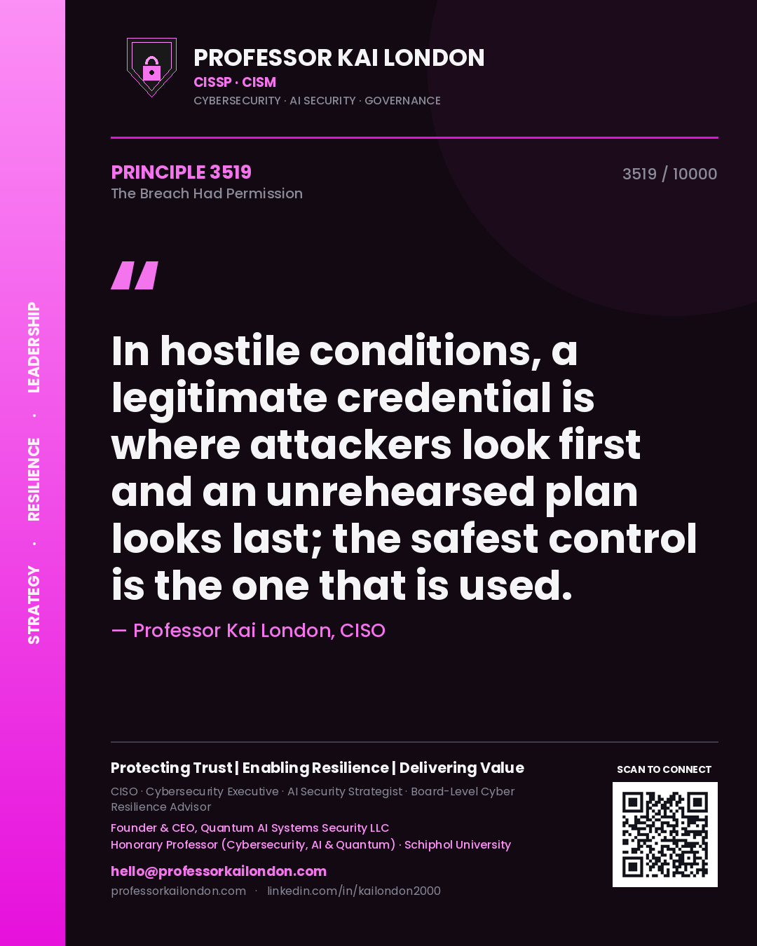 Quote card by Professor Kai London reading 'In hostile conditions, a legitimate credential is where attackers look first and an unrehearsed plan looks last; the safest control is the one that is used.'. From the book The Breach Had Permission.