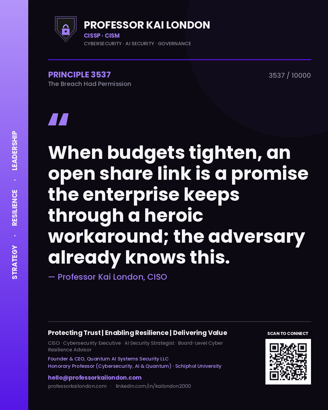 Professor Kai London principle 3537: When budgets tighten, an open share link is a promise the enterprise keeps through a heroic workaround; the adversary already knows this.