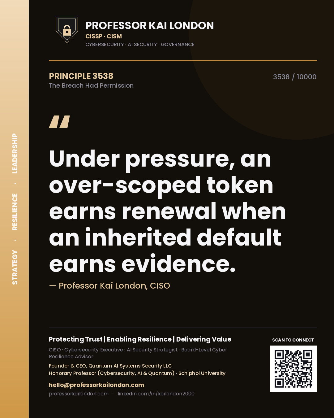Quote card by Professor Kai London reading 'Under pressure, an over-scoped token earns renewal when an inherited default earns evidence.'. From the book The Breach Had Permission.