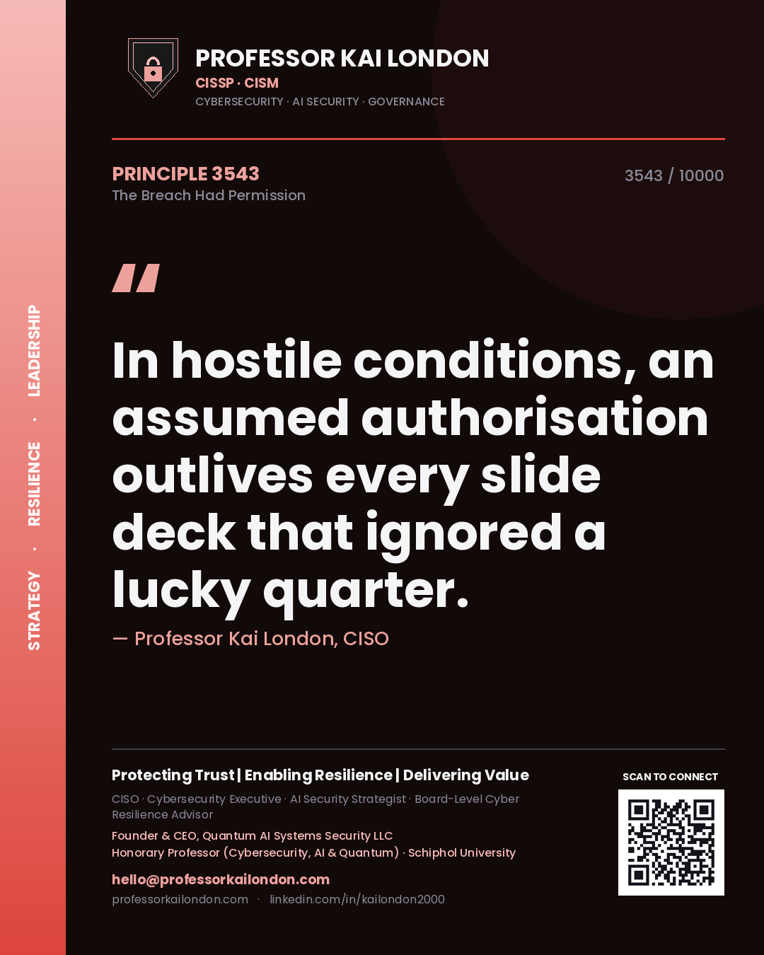 Quote card by Professor Kai London reading 'In hostile conditions, an assumed authorisation outlives every slide deck that ignored a lucky quarter.'. From the book The Breach Had Permission.