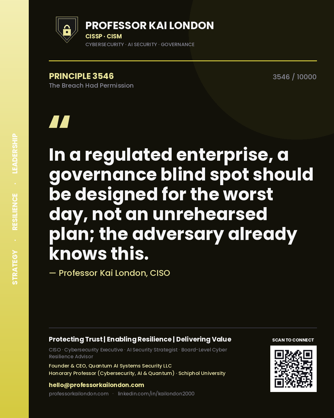 Quote card by Professor Kai London reading 'In a regulated enterprise, a governance blind spot should be designed for the worst day, not an unrehearsed plan; the adversary already knows this.'. From the book The Breach Had Permission.