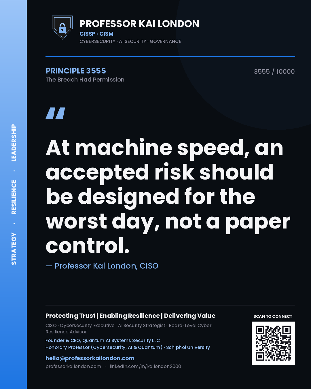 Quote card by Professor Kai London reading 'At machine speed, an accepted risk should be designed for the worst day, not a paper control.'. From the book The Breach Had Permission.