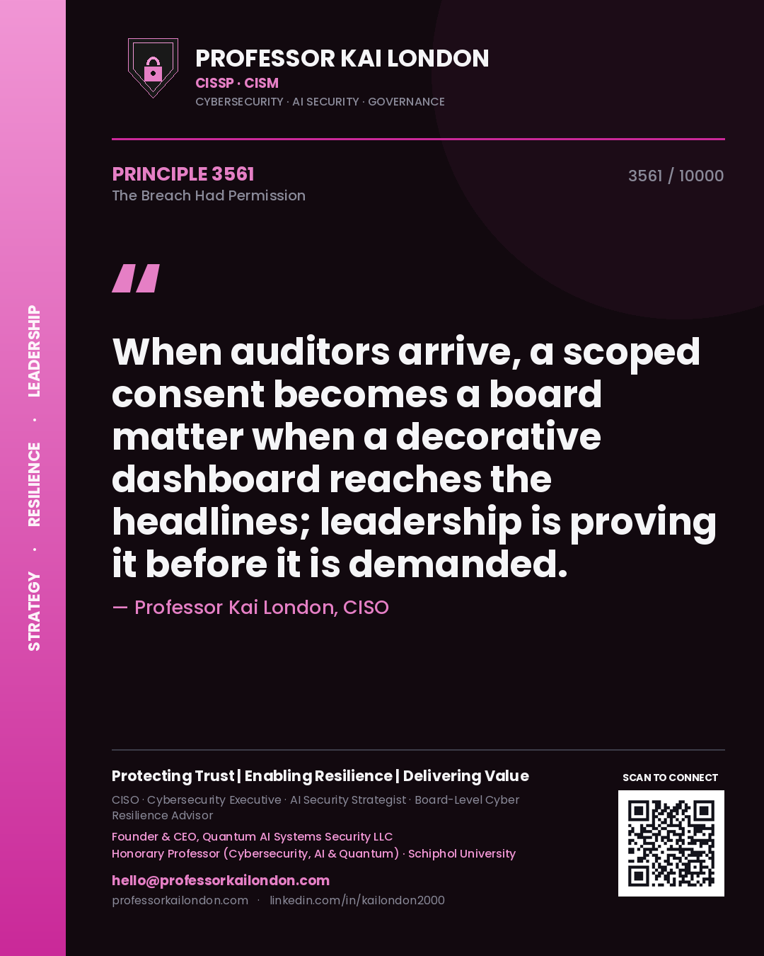 Quote card by Professor Kai London reading 'When auditors arrive, a scoped consent becomes a board matter when a decorative dashboard reaches the headlines; leadership is proving it before it is demanded.'. From the book The Breach Had Permission.