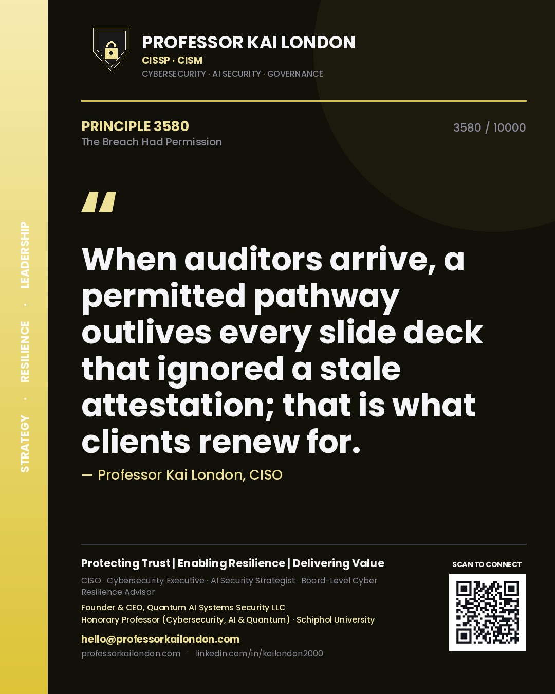 Professor Kai London principle 3580: When auditors arrive, a permitted pathway outlives every slide deck that ignored a stale attestation; that is what clients renew for.