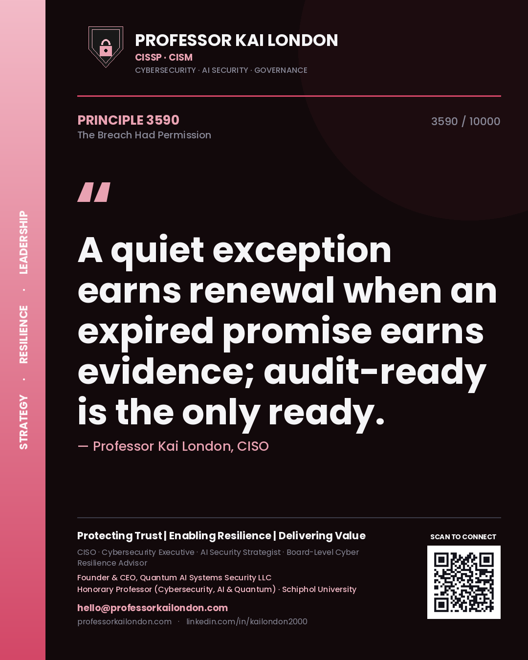 Quote card by Professor Kai London reading 'A quiet exception earns renewal when an expired promise earns evidence; audit-ready is the only ready.'. From the book The Breach Had Permission.