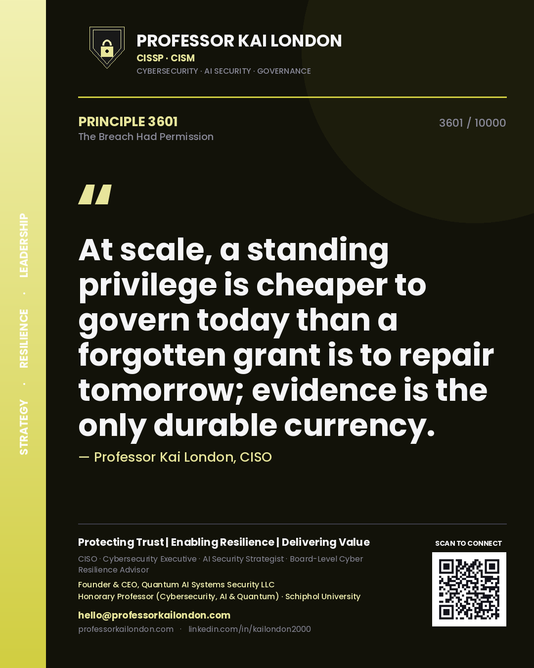 Professor Kai London principle 3601: At scale, a standing privilege is cheaper to govern today than a forgotten grant is to repair tomorrow; evidence is the only durable currency.