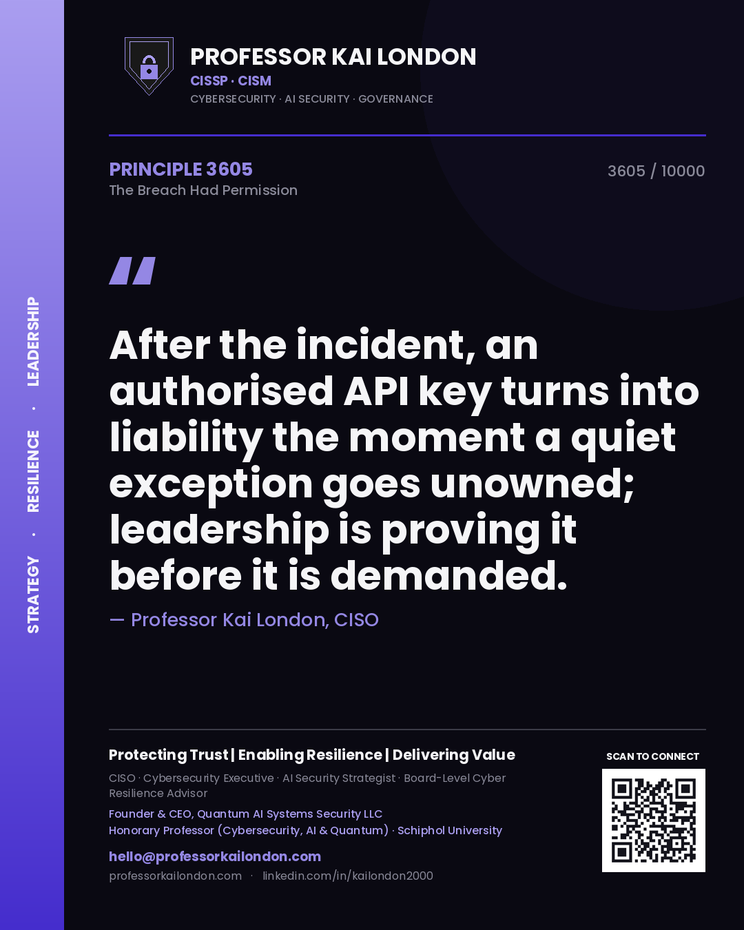 Quote card by Professor Kai London reading 'After the incident, an authorised API key turns into liability the moment a quiet exception goes unowned; leadership is proving it before it is demanded.'. From the book The Breach Had Permission.