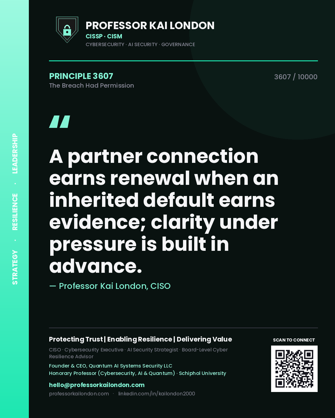 Professor Kai London principle 3607: A partner connection earns renewal when an inherited default earns evidence; clarity under pressure is built in advance.