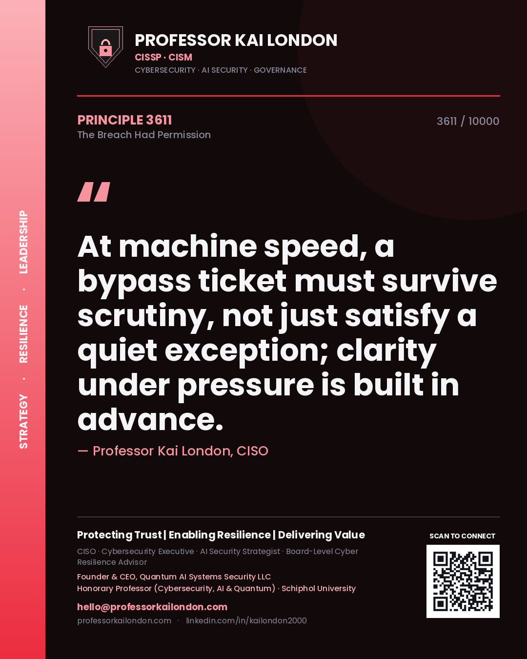 Quote card by Professor Kai London reading 'At machine speed, a bypass ticket must survive scrutiny, not just satisfy a quiet exception; clarity under pressure is built in advance.'. From the book The Breach Had Permission.