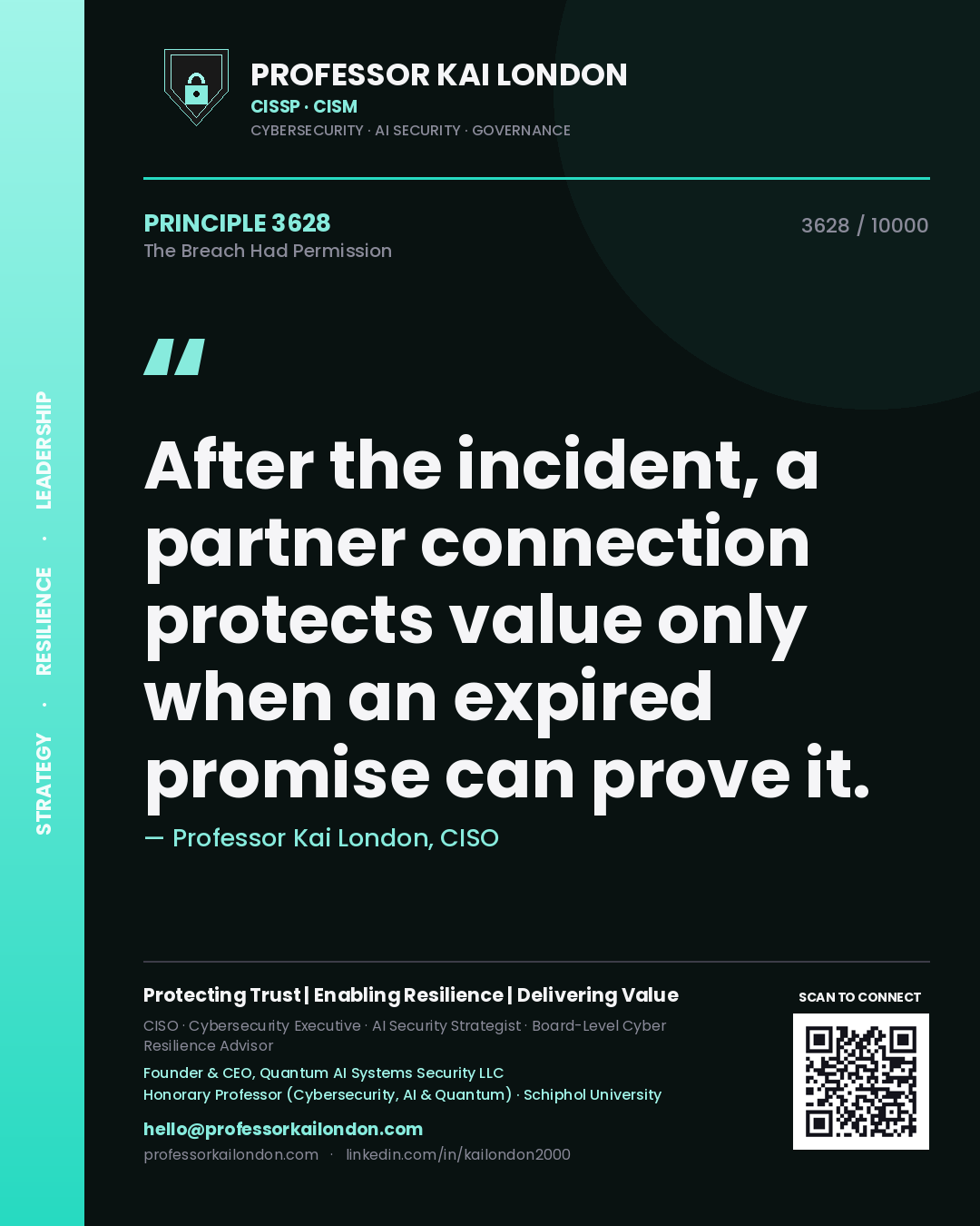 Quote card by Professor Kai London reading 'After the incident, a partner connection protects value only when an expired promise can prove it.'. From the book The Breach Had Permission.