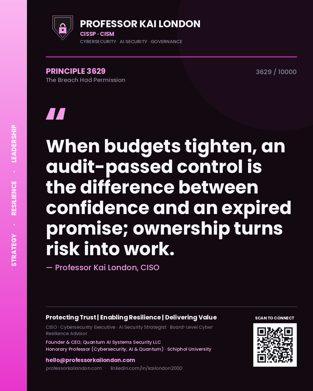Quote card by Professor Kai London reading 'When budgets tighten, an audit-passed control is the difference between confidence and an expired promise; ownership turns risk into work.'. From the book The Breach Had Permission.