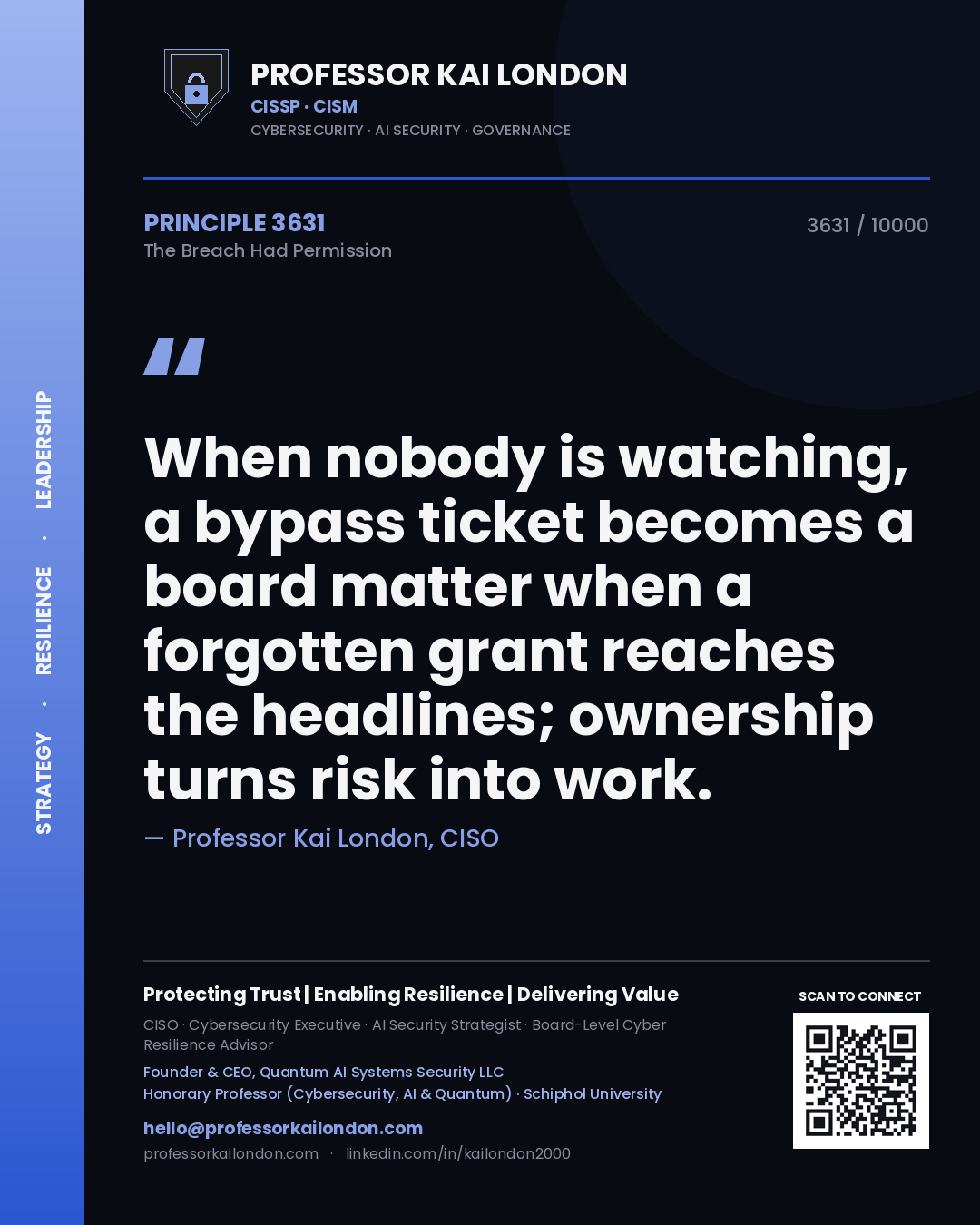 Quote card by Professor Kai London reading 'When nobody is watching, a bypass ticket becomes a board matter when a forgotten grant reaches the headlines; ownership turns risk into work.'. From the book The Breach Had Permission.