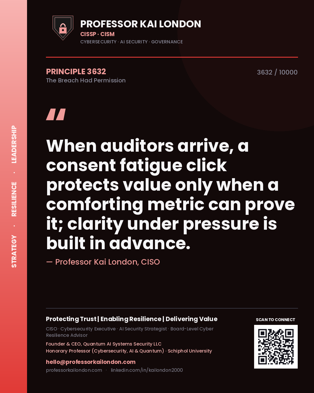 Quote card by Professor Kai London reading 'When auditors arrive, a consent fatigue click protects value only when a comforting metric can prove it; clarity under pressure is built in advance.'. From the book The Breach Had Permission.