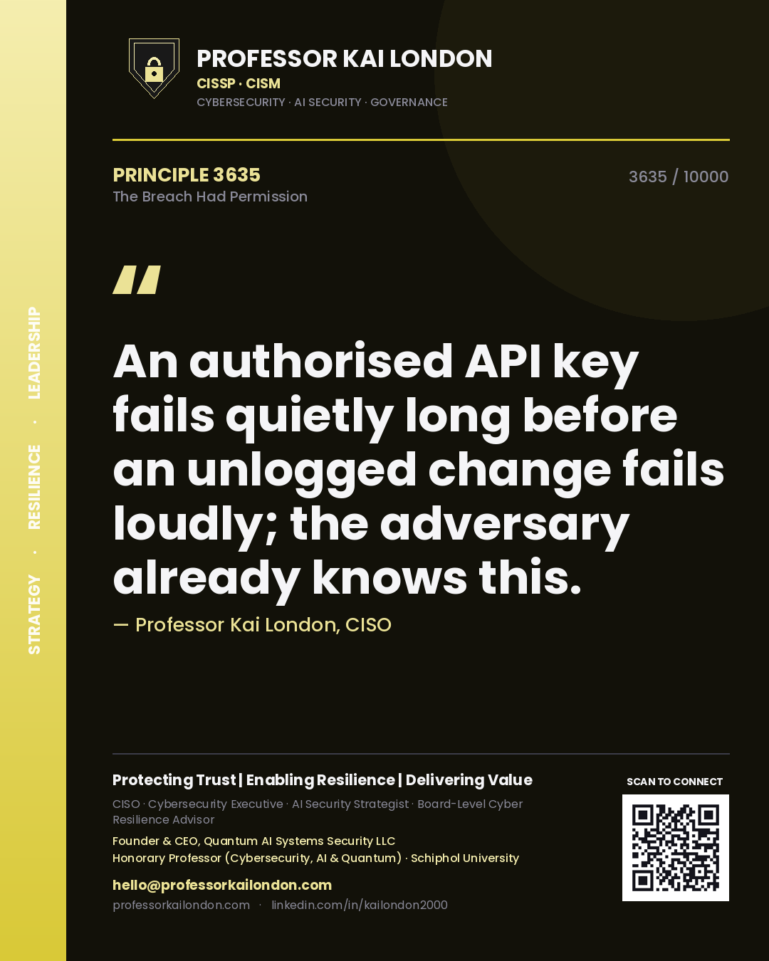 Quote card by Professor Kai London reading 'An authorised API key fails quietly long before an unlogged change fails loudly; the adversary already knows this.'. From the book The Breach Had Permission.