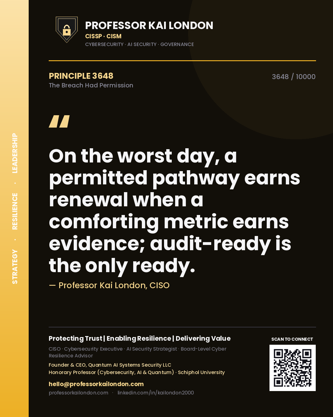 Professor Kai London principle 3648: On the worst day, a permitted pathway earns renewal when a comforting metric earns evidence; audit-ready is the only ready.