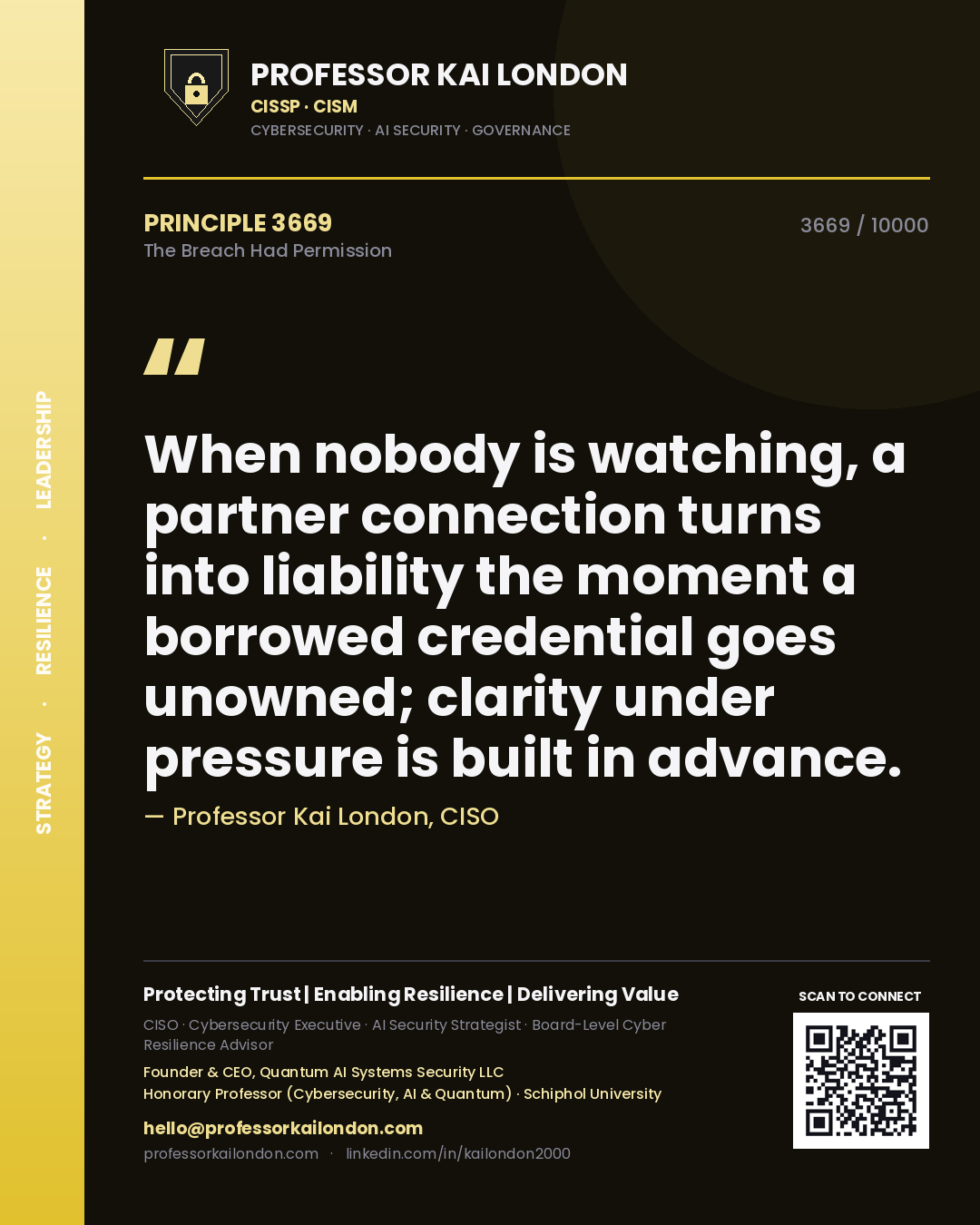 Quote card by Professor Kai London reading 'When nobody is watching, a partner connection turns into liability the moment a borrowed credential goes unowned; clarity under pressure is built in advance.'. From the book The Breach Had Permission.