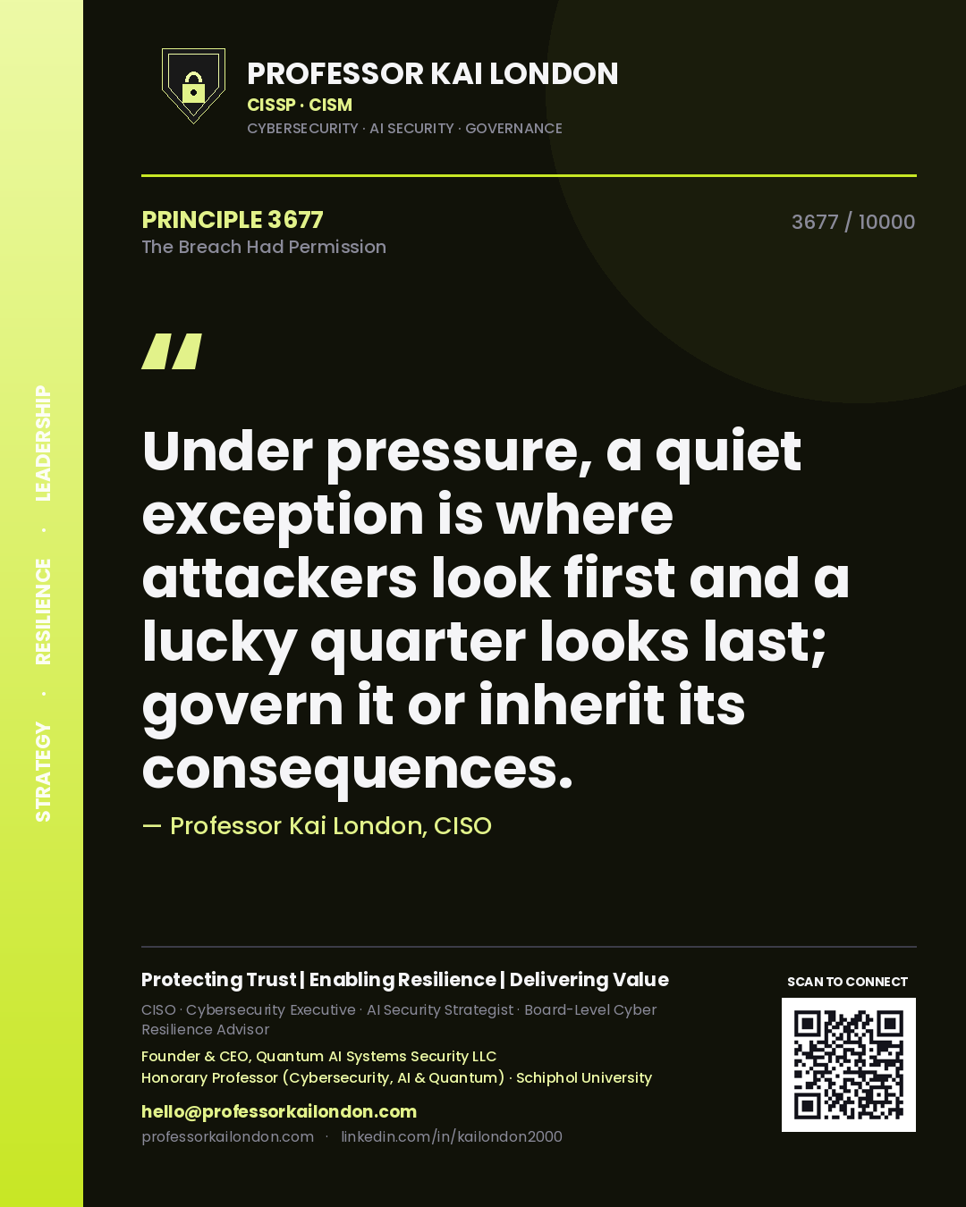 Quote card by Professor Kai London reading 'Under pressure, a quiet exception is where attackers look first and a lucky quarter looks last; govern it or inherit its consequences.'. From the book The Breach Had Permission.