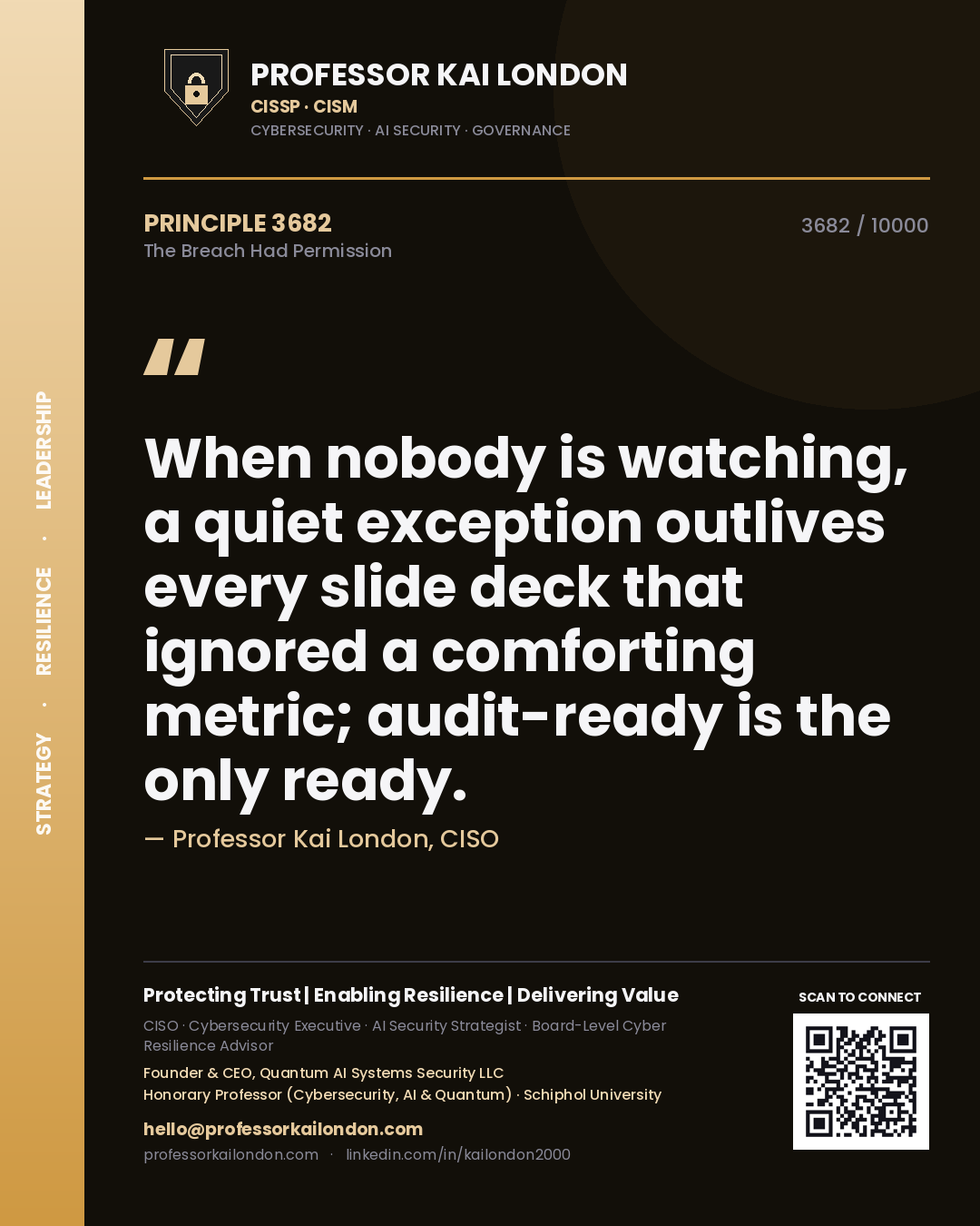 Professor Kai London principle 3682: When nobody is watching, a quiet exception outlives every slide deck that ignored a comforting metric; audit-ready is the only ready.