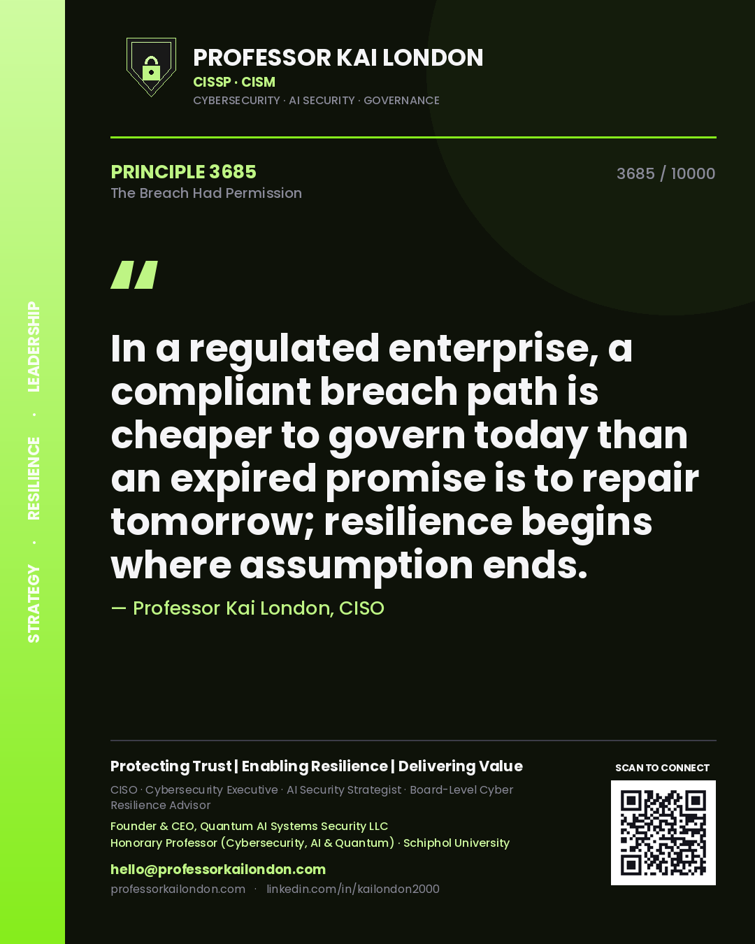 Professor Kai London principle 3685: In a regulated enterprise, a compliant breach path is cheaper to govern today than an expired promise is to repair tomorrow; resilience begins where assumption ends.