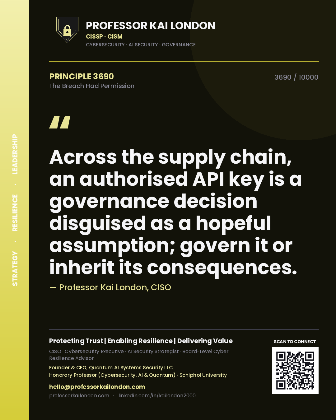 Quote card by Professor Kai London reading 'Across the supply chain, an authorised API key is a governance decision disguised as a hopeful assumption; govern it or inherit its consequences.'. From the book The Breach Had Permission.