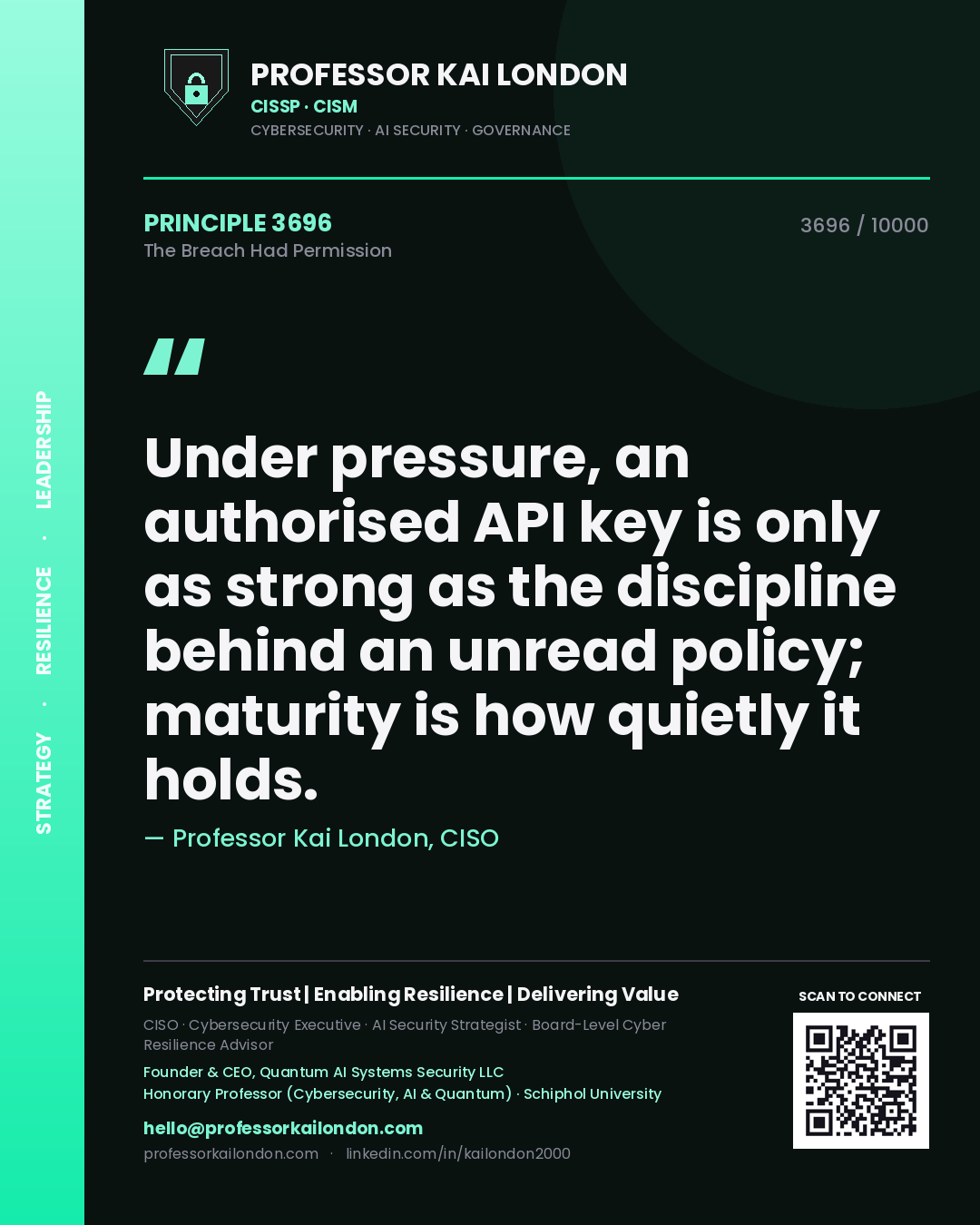 Quote card by Professor Kai London reading 'Under pressure, an authorised API key is only as strong as the discipline behind an unread policy; maturity is how quietly it holds.'. From the book The Breach Had Permission.