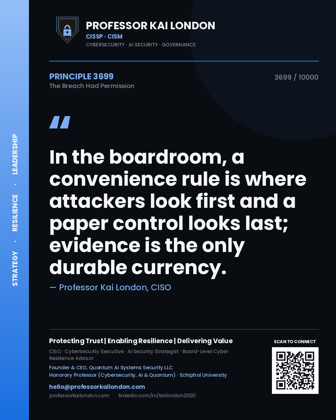 Quote card by Professor Kai London reading 'In the boardroom, a convenience rule is where attackers look first and a paper control looks last; evidence is the only durable currency.'. From the book The Breach Had Permission.