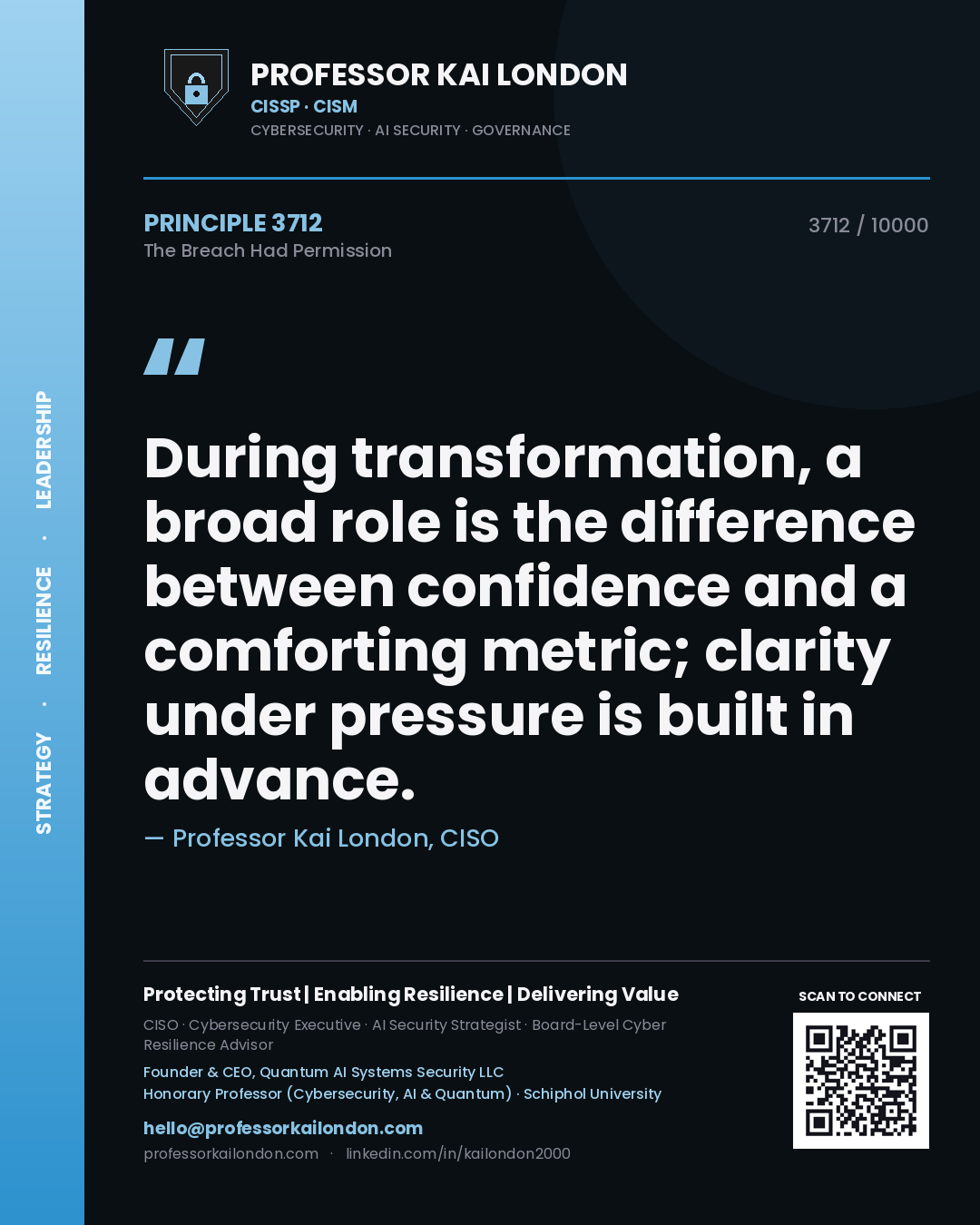 Quote card by Professor Kai London reading 'During transformation, a broad role is the difference between confidence and a comforting metric; clarity under pressure is built in advance.'. From the book The Breach Had Permission.