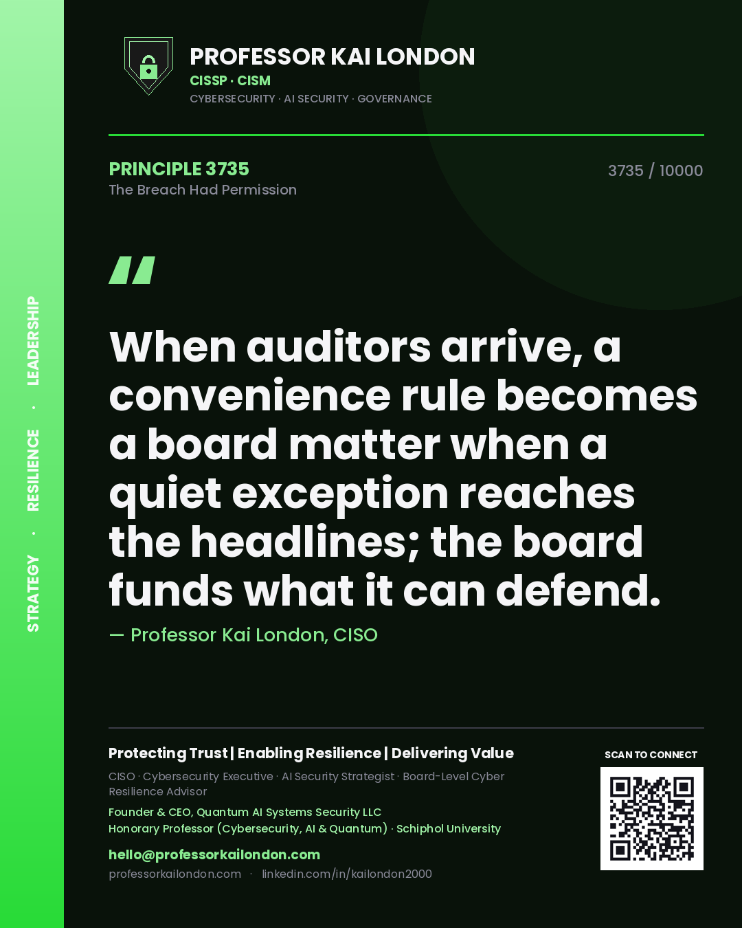 Quote card by Professor Kai London reading 'When auditors arrive, a convenience rule becomes a board matter when a quiet exception reaches the headlines; the board funds what it can defend.'. From the book The Breach Had Permission.