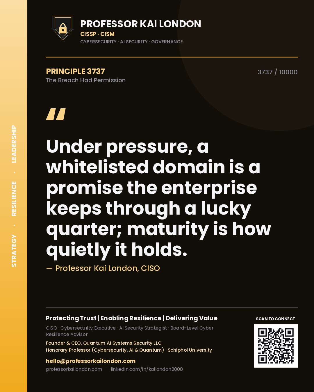 Quote card by Professor Kai London reading 'Under pressure, a whitelisted domain is a promise the enterprise keeps through a lucky quarter; maturity is how quietly it holds.'. From the book The Breach Had Permission.