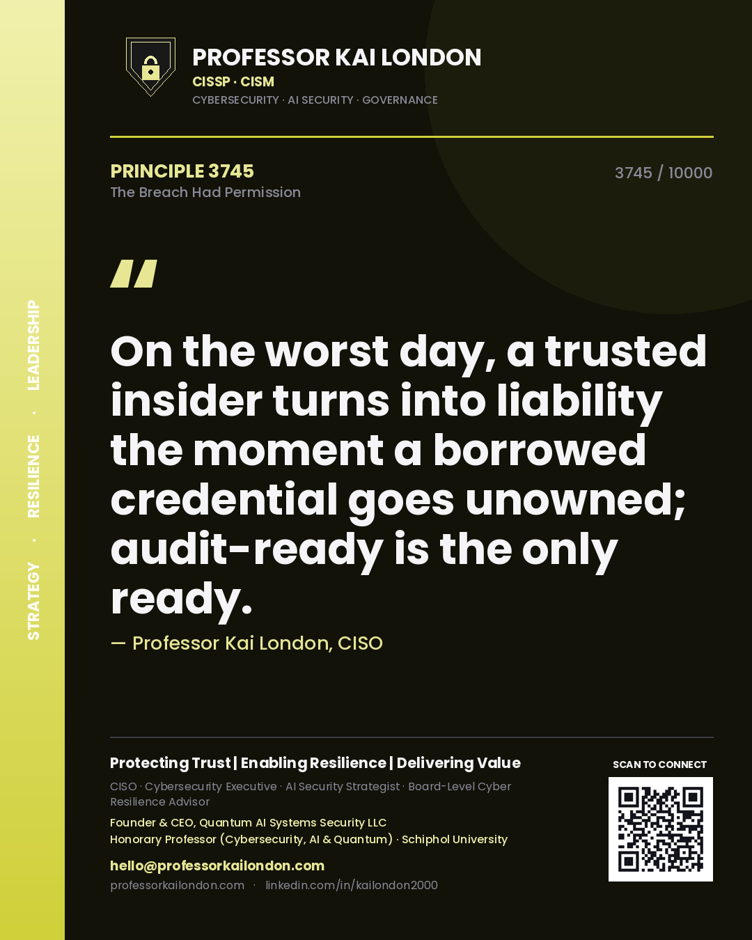 Quote card by Professor Kai London reading 'On the worst day, a trusted insider turns into liability the moment a borrowed credential goes unowned; audit-ready is the only ready.'. From the book The Breach Had Permission.