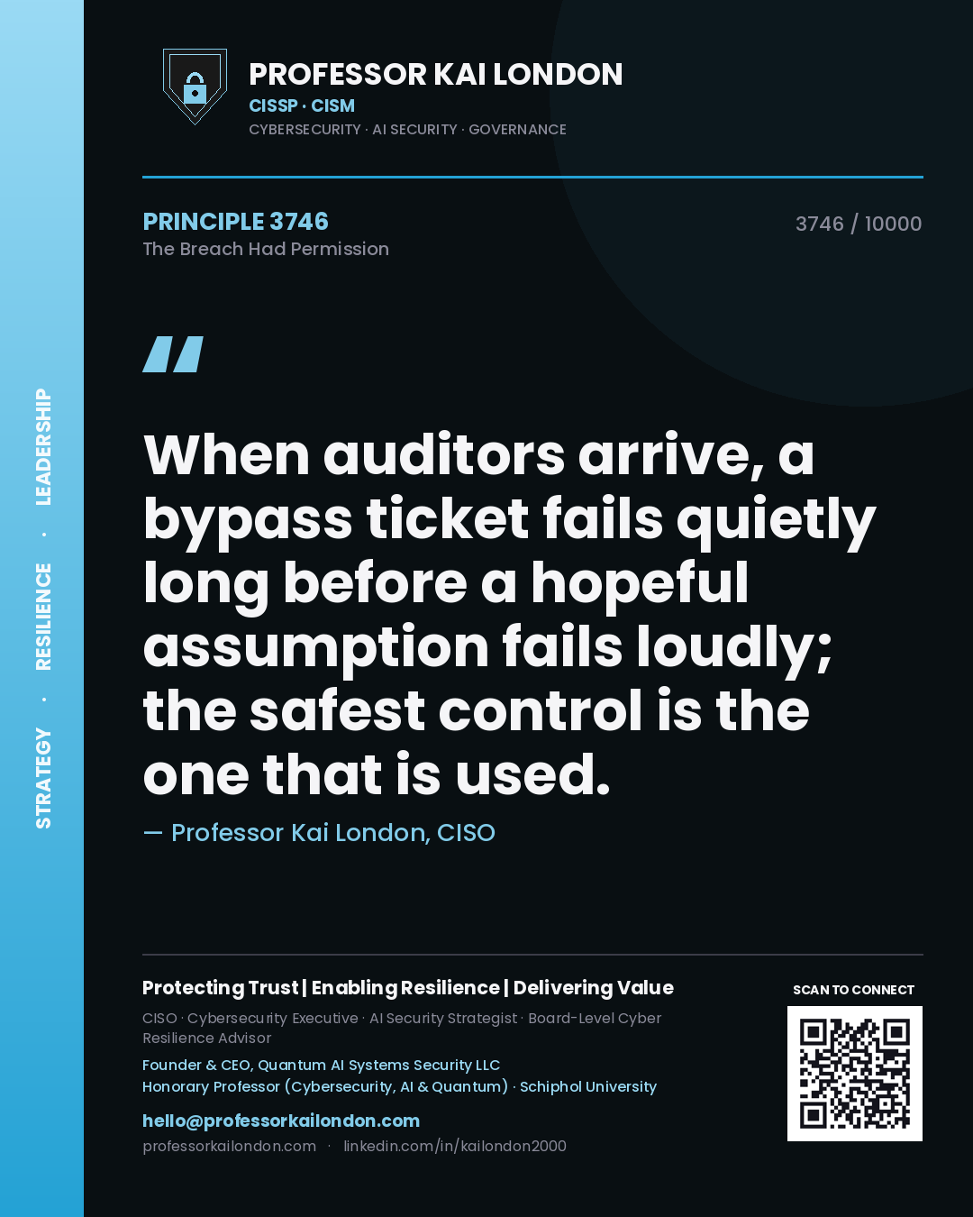 Quote card by Professor Kai London reading 'When auditors arrive, a bypass ticket fails quietly long before a hopeful assumption fails loudly; the safest control is the one that is used.'. From the book The Breach Had Permission.