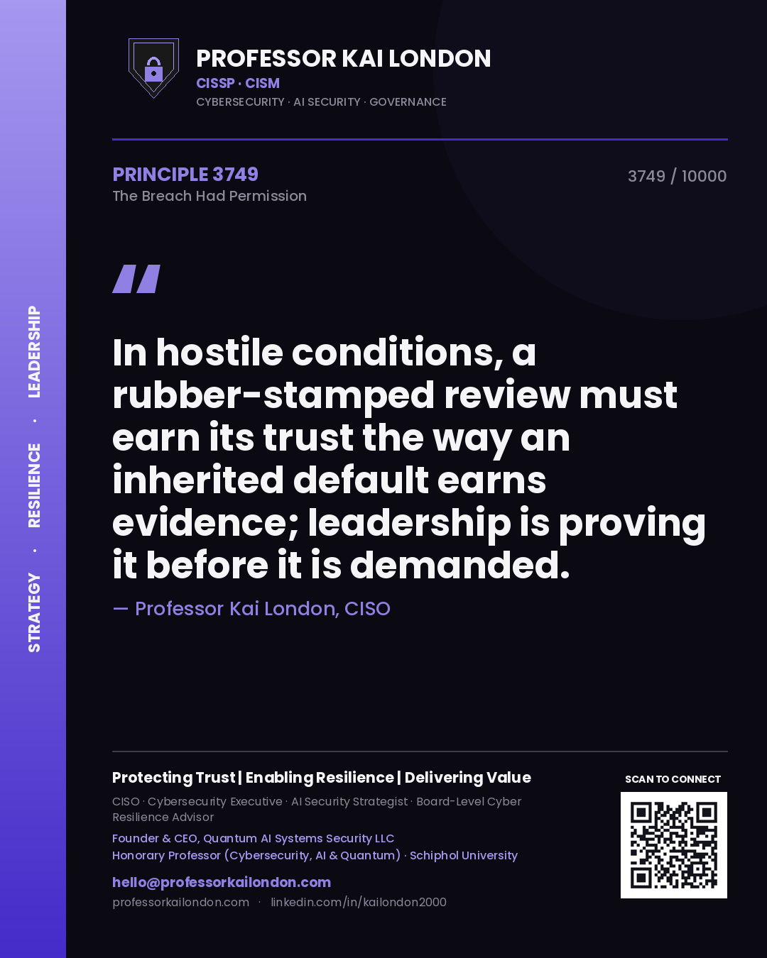 Quote card by Professor Kai London reading 'In hostile conditions, a rubber-stamped review must earn its trust the way an inherited default earns evidence; leadership is proving it before it is demanded.'. From the book The Breach Had Permission.