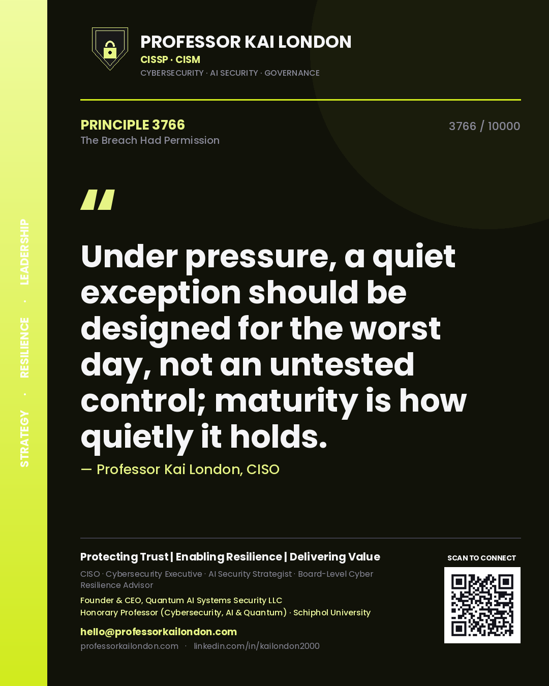 Quote card by Professor Kai London reading 'Under pressure, a quiet exception should be designed for the worst day, not an untested control; maturity is how quietly it holds.'. From the book The Breach Had Permission.