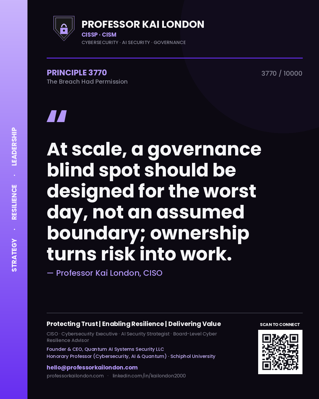 Quote card by Professor Kai London reading 'At scale, a governance blind spot should be designed for the worst day, not an assumed boundary; ownership turns risk into work.'. From the book The Breach Had Permission.