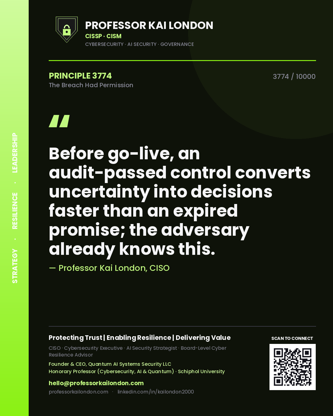 Quote card by Professor Kai London reading 'Before go-live, an audit-passed control converts uncertainty into decisions faster than an expired promise; the adversary already knows this.'. From the book The Breach Had Permission.