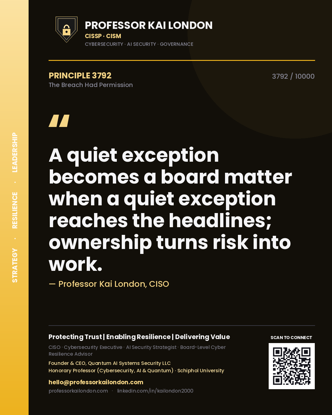 Quote card by Professor Kai London reading 'A quiet exception becomes a board matter when a quiet exception reaches the headlines; ownership turns risk into work.'. From the book The Breach Had Permission.