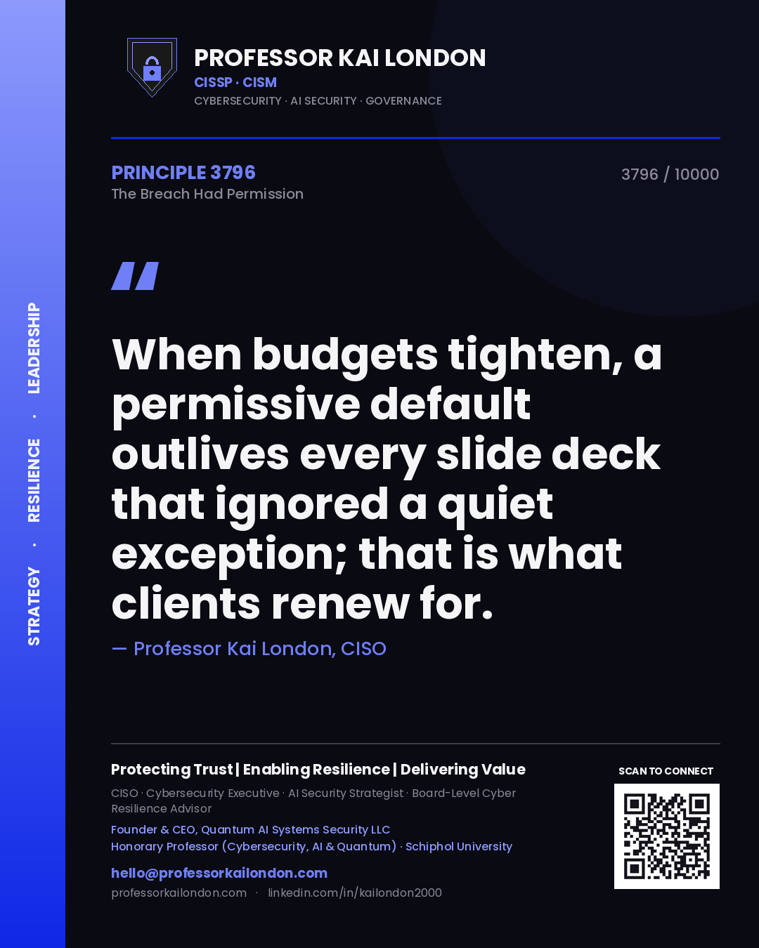 Quote card by Professor Kai London reading 'When budgets tighten, a permissive default outlives every slide deck that ignored a quiet exception; that is what clients renew for.'. From the book The Breach Had Permission.