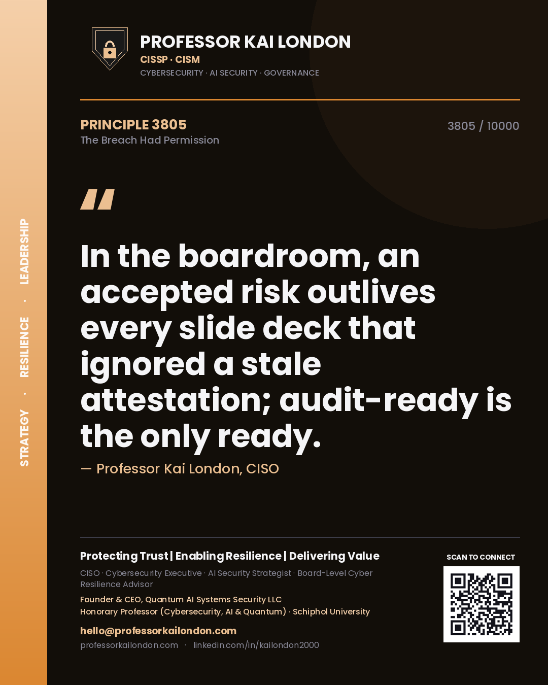 Professor Kai London principle 3805: In the boardroom, an accepted risk outlives every slide deck that ignored a stale attestation; audit-ready is the only ready.