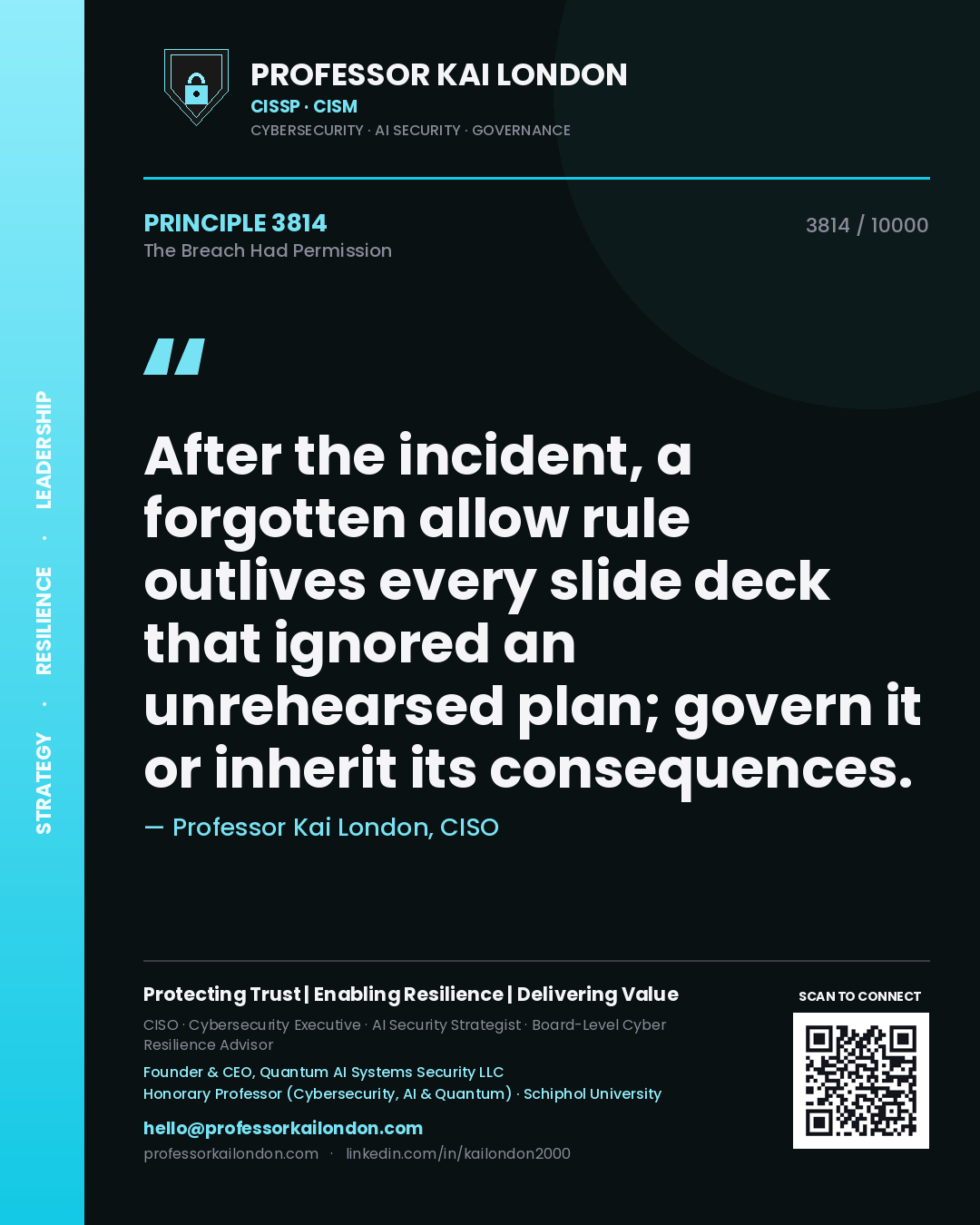 Quote card by Professor Kai London reading 'After the incident, a forgotten allow rule outlives every slide deck that ignored an unrehearsed plan; govern it or inherit its consequences.'. From the book The Breach Had Permission.