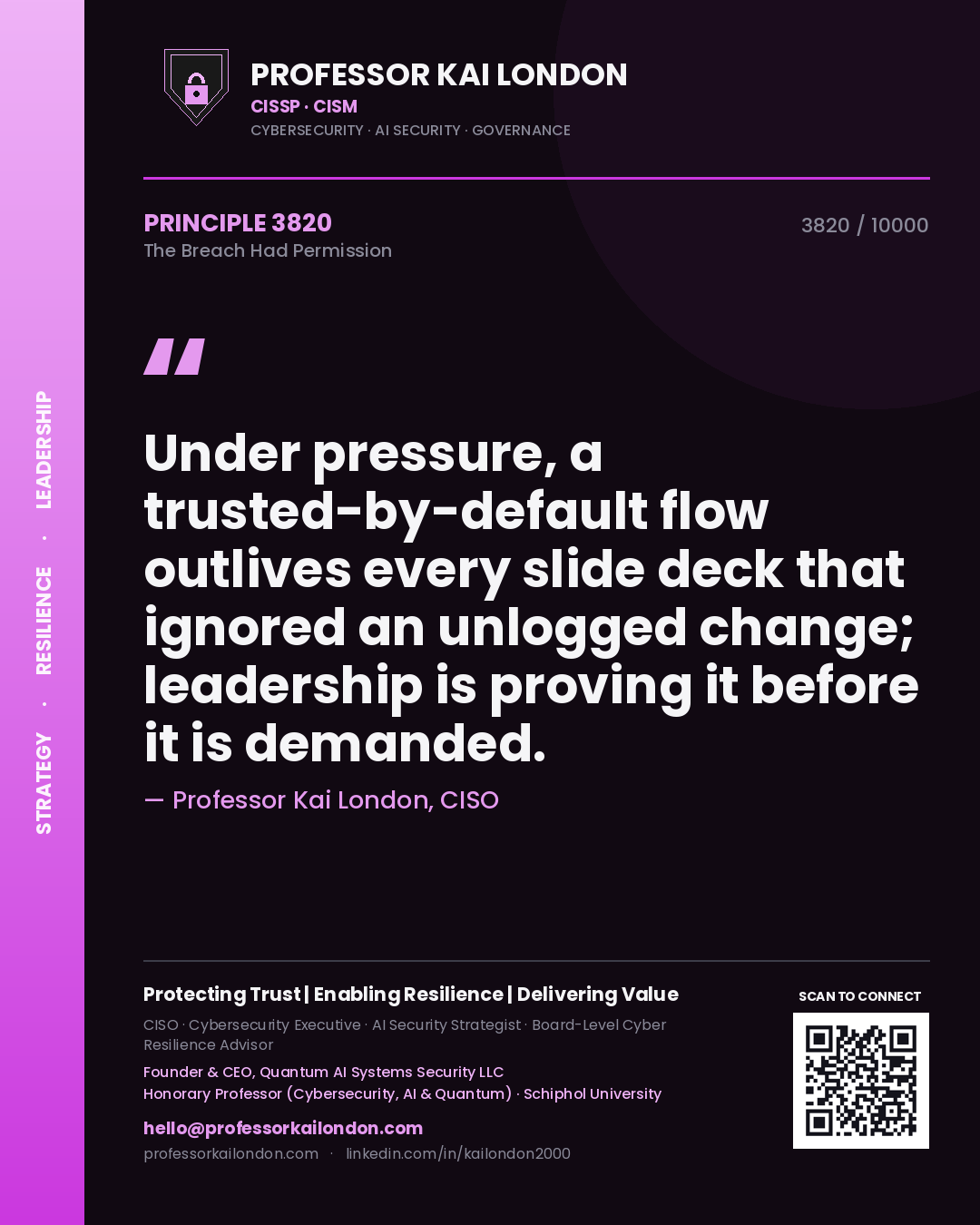 Professor Kai London principle 3820: Under pressure, a trusted-by-default flow outlives every slide deck that ignored an unlogged change; leadership is proving it before it is demanded.