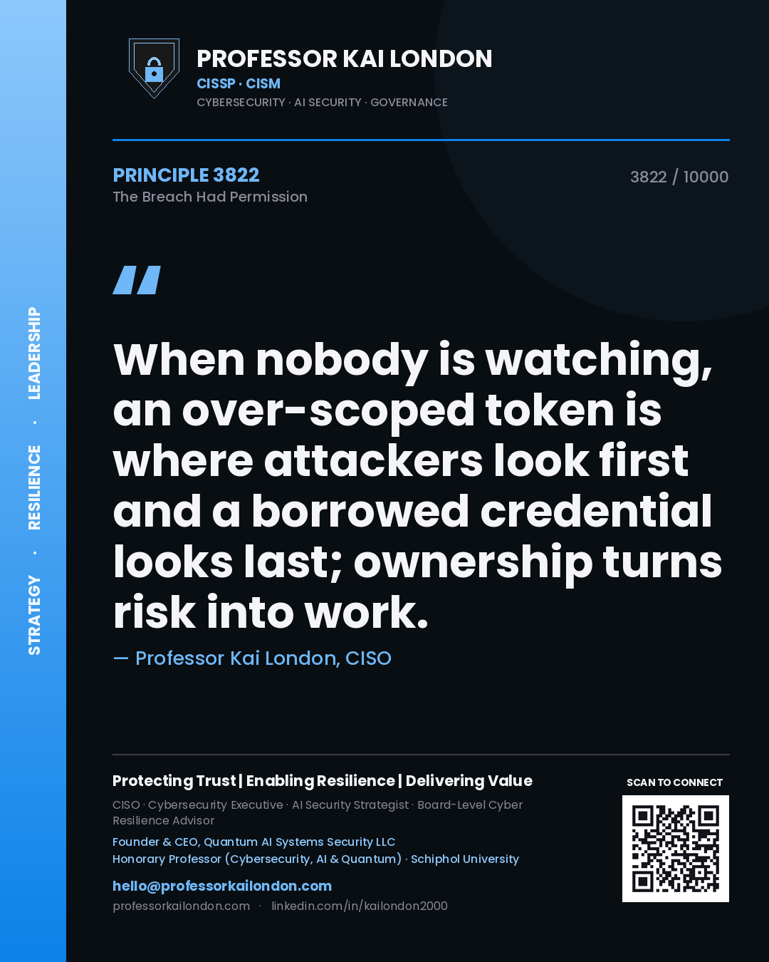 Quote card by Professor Kai London reading 'When nobody is watching, an over-scoped token is where attackers look first and a borrowed credential looks last; ownership turns risk into work.'. From the book The Breach Had Permission.