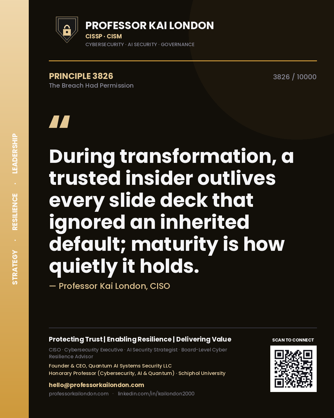 Professor Kai London principle 3826: During transformation, a trusted insider outlives every slide deck that ignored an inherited default; maturity is how quietly it holds.