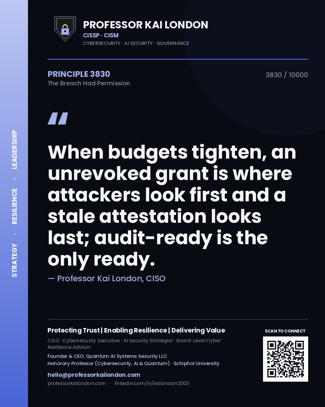 Professor Kai London principle 3830: When budgets tighten, an unrevoked grant is where attackers look first and a stale attestation looks last; audit-ready is the only ready.