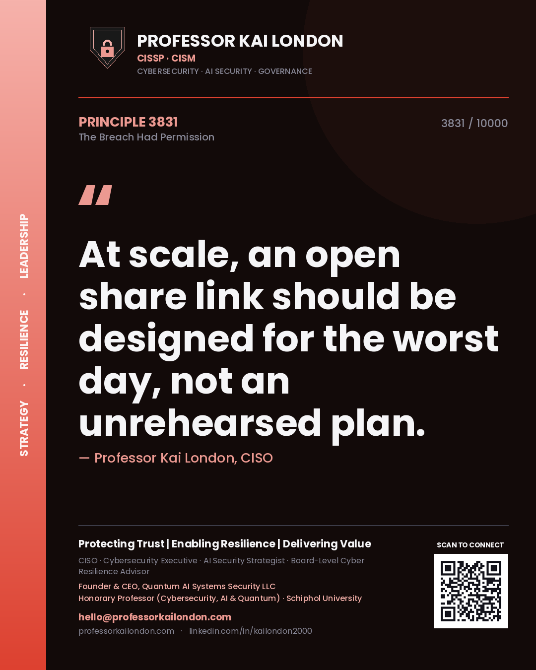Quote card by Professor Kai London reading 'At scale, an open share link should be designed for the worst day, not an unrehearsed plan.'. From the book The Breach Had Permission.